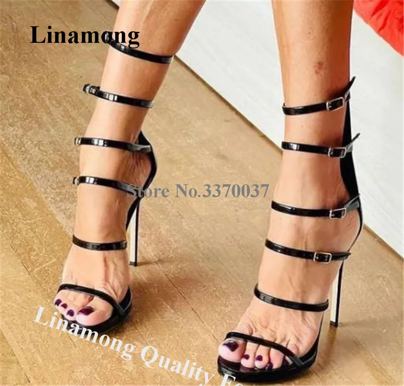 

Thin Straps Stiletto Heel Gladiator Sandals Linamong Sexy Open Toe Black Gold Patent Leather Buckles Decorated High Heels