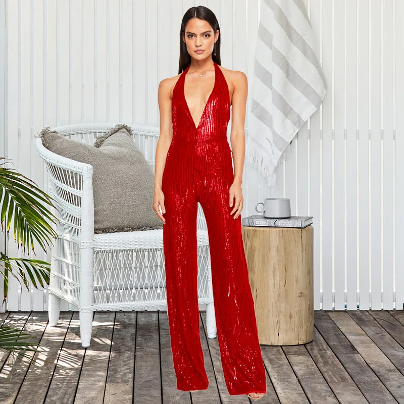 Women's Sleeveless Backless Sequined Jumpsuit Wish Deep V-neck Fringed Women's Jumpsuit