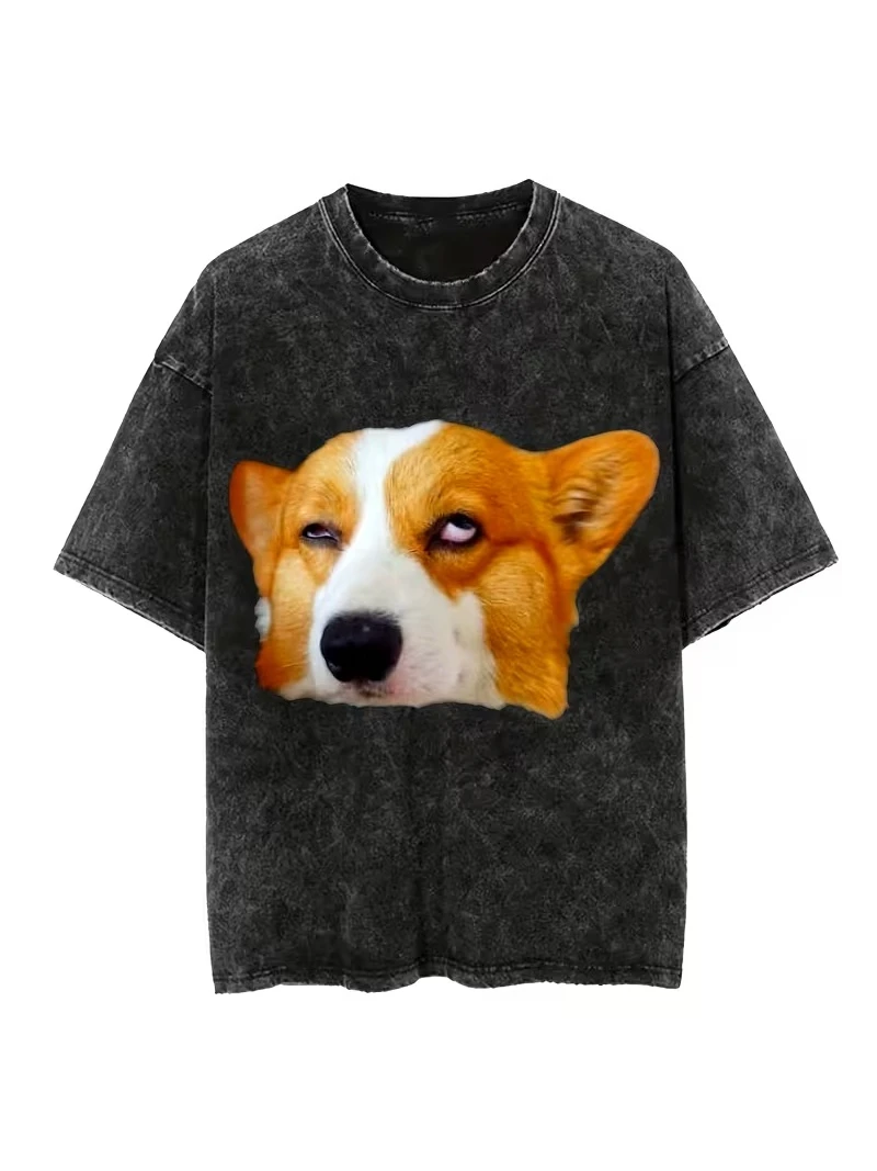 Eye Rolling Corgi Printed T-shirt Minimalist Women's Daily Casual Round Neck T-shirt Cute Washed T-shirt Unisex Women's Top