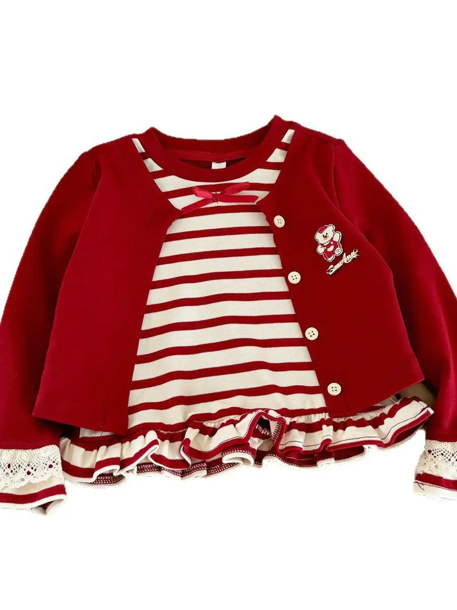 بلوزة بناتي بنمط مخطط للربيع والخريف، بلوزة قصيرة للأطفال، أكمام طويلة، ياقة عالية، مواد أخرى، جديد 100% لعام 2025