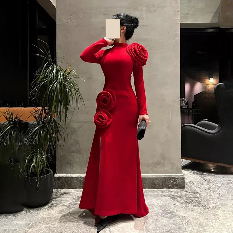 Aenyrst Elegant Red 3D Flowers Prom Dress High Neck Long Sleeve Party Evening Gown cuatomized Floor Length Formal Occasion Gowns