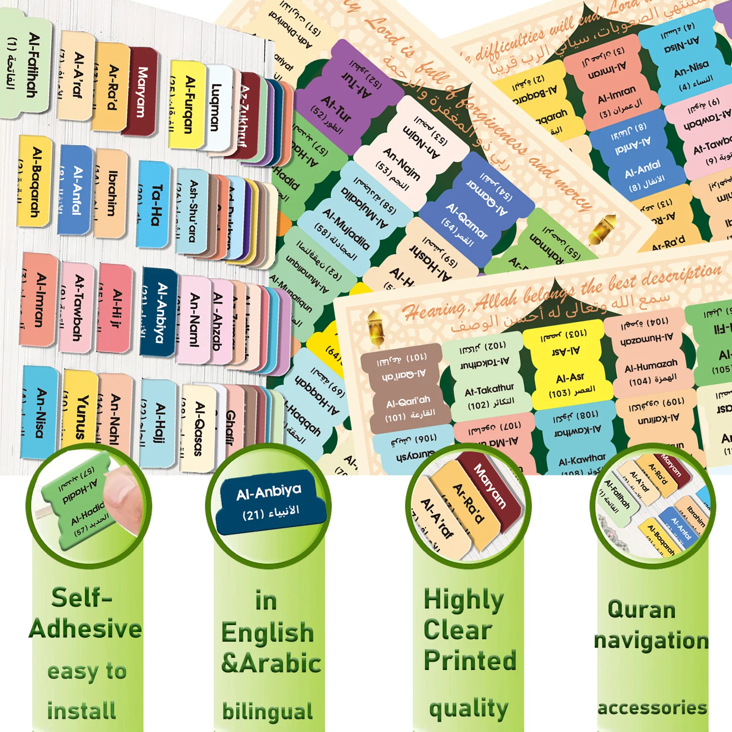 125 Quran Chapter Tabs in English&Arabic-114 Surah Labels&11 Blank Tabs, Colorful Islamic Study Accessories for Quran Journaling