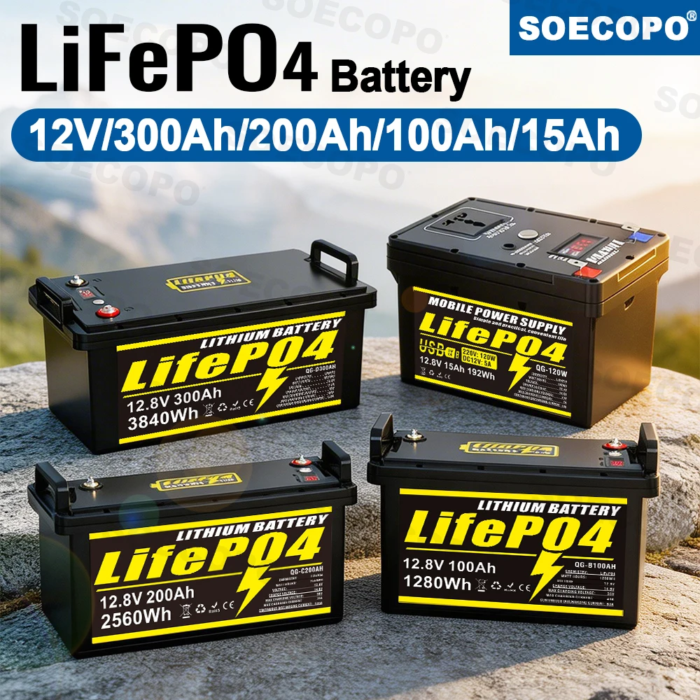 

12V LiFePO4 Battery 300Ah 200Ah 100Ah 15Ah Deep Cycle Lithium for Home RV Off-Grid Solar System Marine Backup Power Built-in BMS