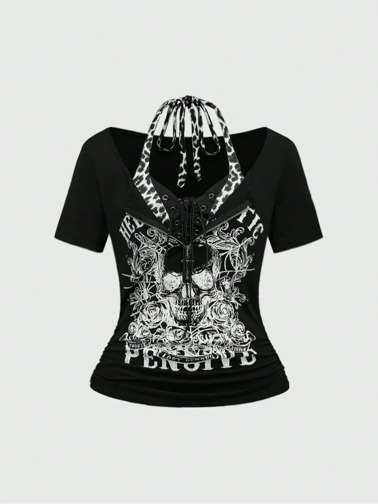 

Fake two tank top T-shirt with skull print design, cardigan zipper, spring and summer clothing with leopard print elements