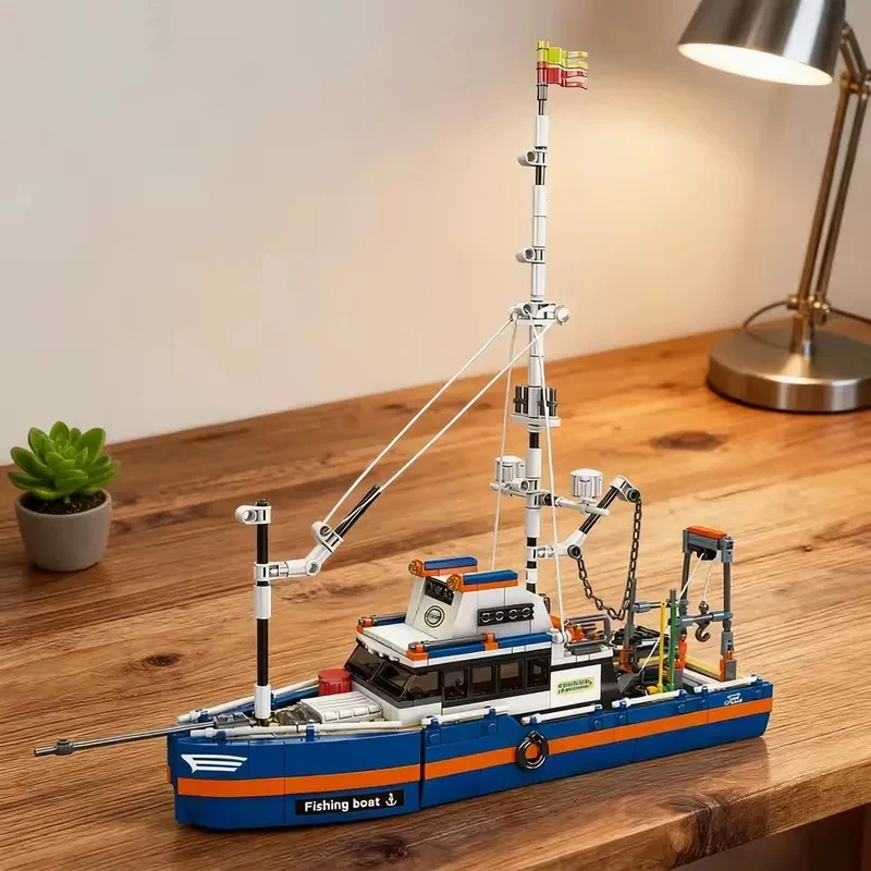 New Fishing Boat Model Technical Mould King 10185 Coastal Pier Scene Ship Building Blocks Set for Adults Toys Kids Gifts