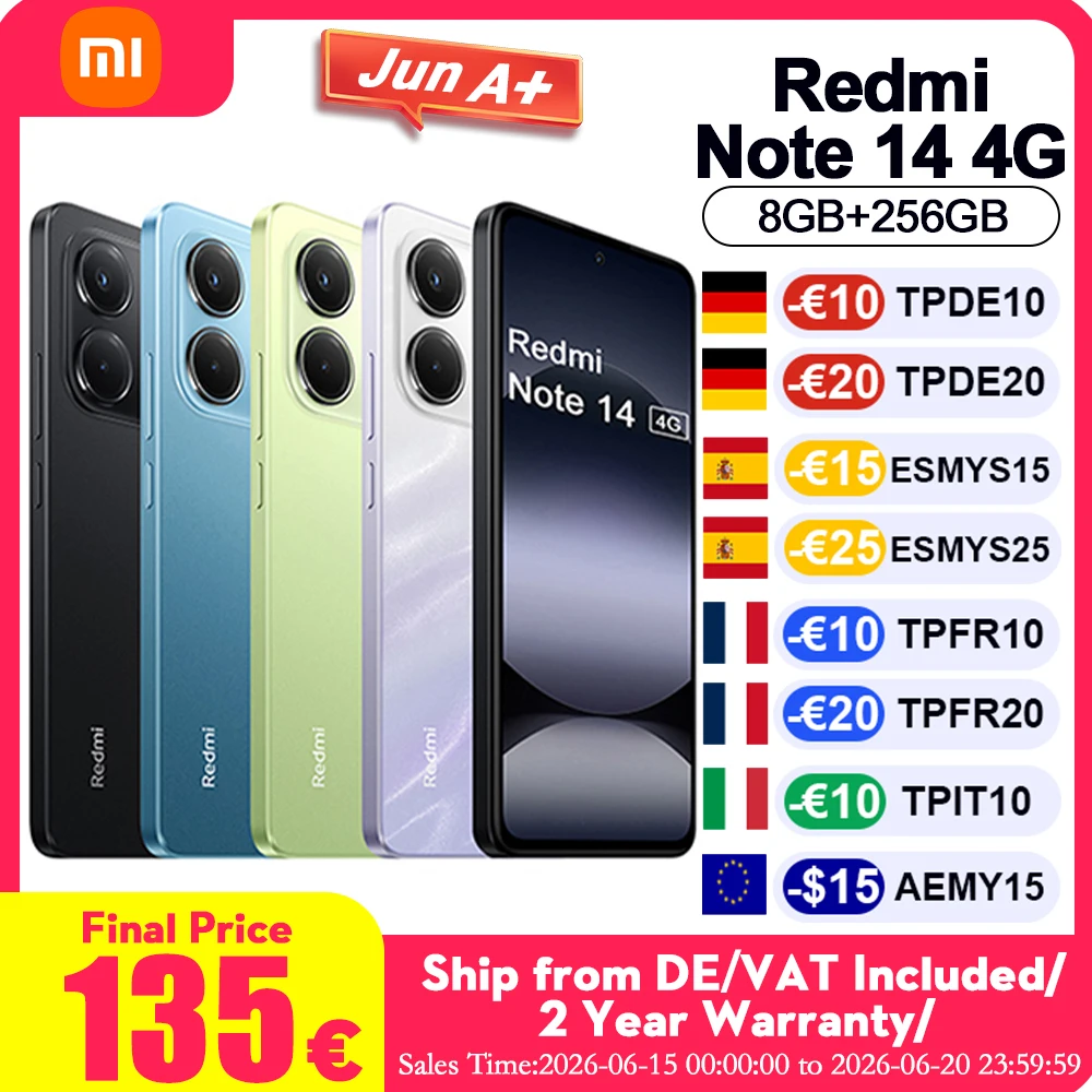 Globalna wersja smartfona Redmi Note 14 4G z wbudowanymi funkcjami AI, które automatycznie optymalizują zdjęcia, wyposażona w 6,67-calowy wyświetlacz AMOLED FHD.