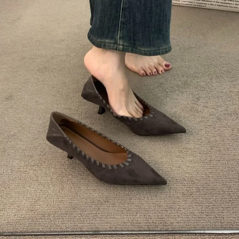 

Туфли из коровьей замши на шпильке, модные нескользящие туфли на высоком каблуке с острым носком и неглубоким носком