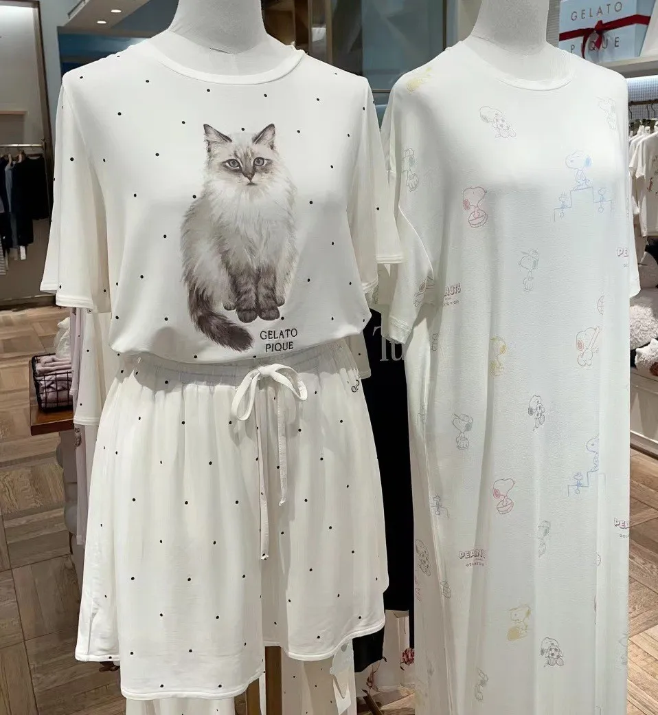 Japanese Summer New Cute Cat Dot Short Sleeve Top T-shirt Women Shorts Modal Cotton Pajamas Pullovers Home Wear Suit Homewear