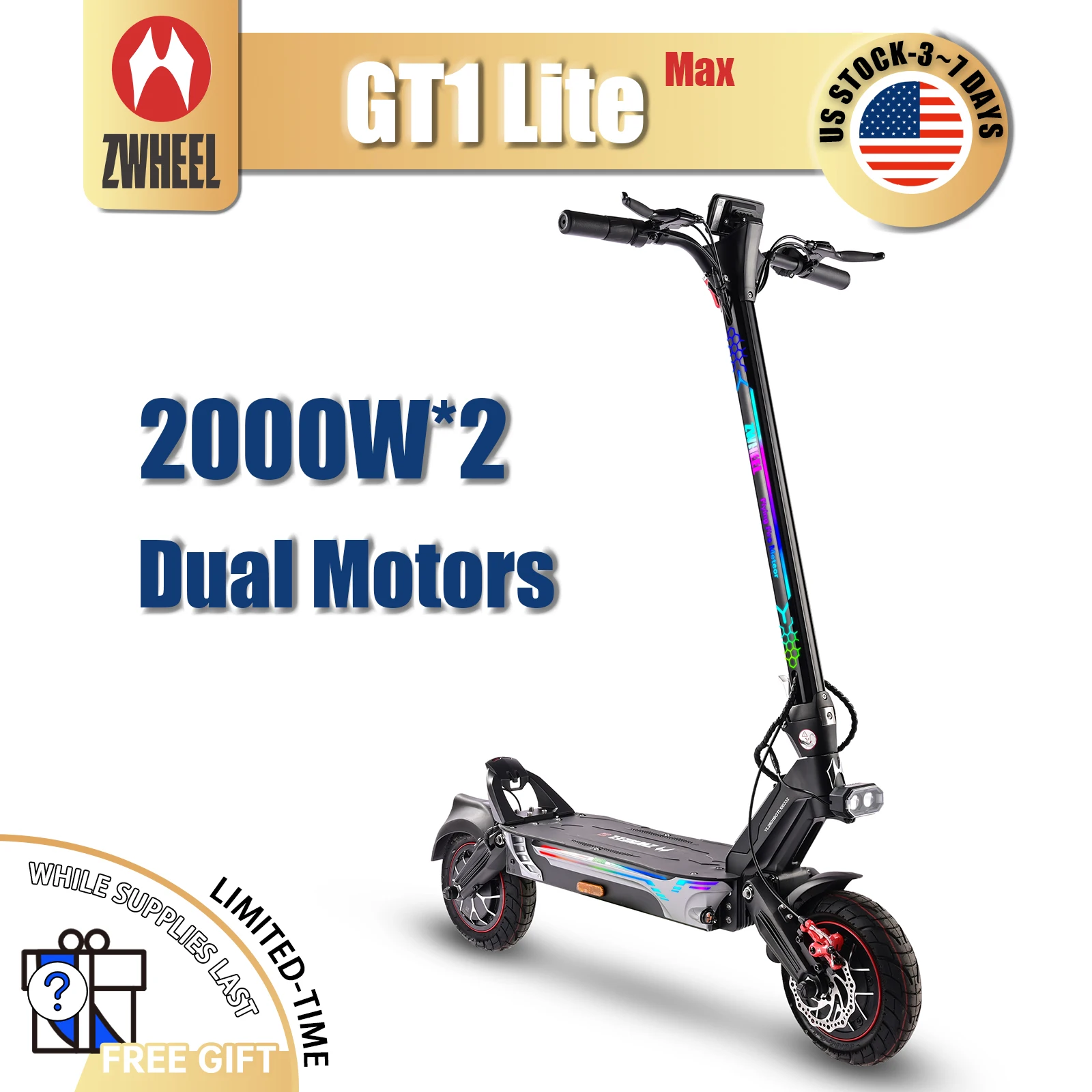 

ZWHEEL GT1-Lite Dual Motors Electric Scooter Max Power 4000W Max Speed 42MPH Max Range 50 Miles 1300Wh Battery 4 Usage Modes All-wheel Drive 11''Off-Road Tires APP Bluetooth Unlocking Anti-theft Protection Shock Absorbing Arm Foldable EScooter US Stock