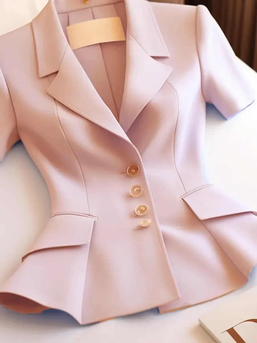 French High-end Suit Women Coat Summer Korean Luxury Fashion Waist Cinching Slim Commuter Short Sleeve Pink Blazer Women Tops