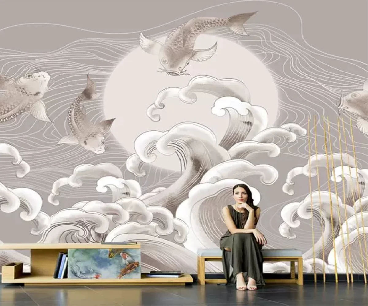 Custom Photo Wallpaper Fish waves auspicious clouds European Retro Hand Painted Living room bedroom wallpaper Painting