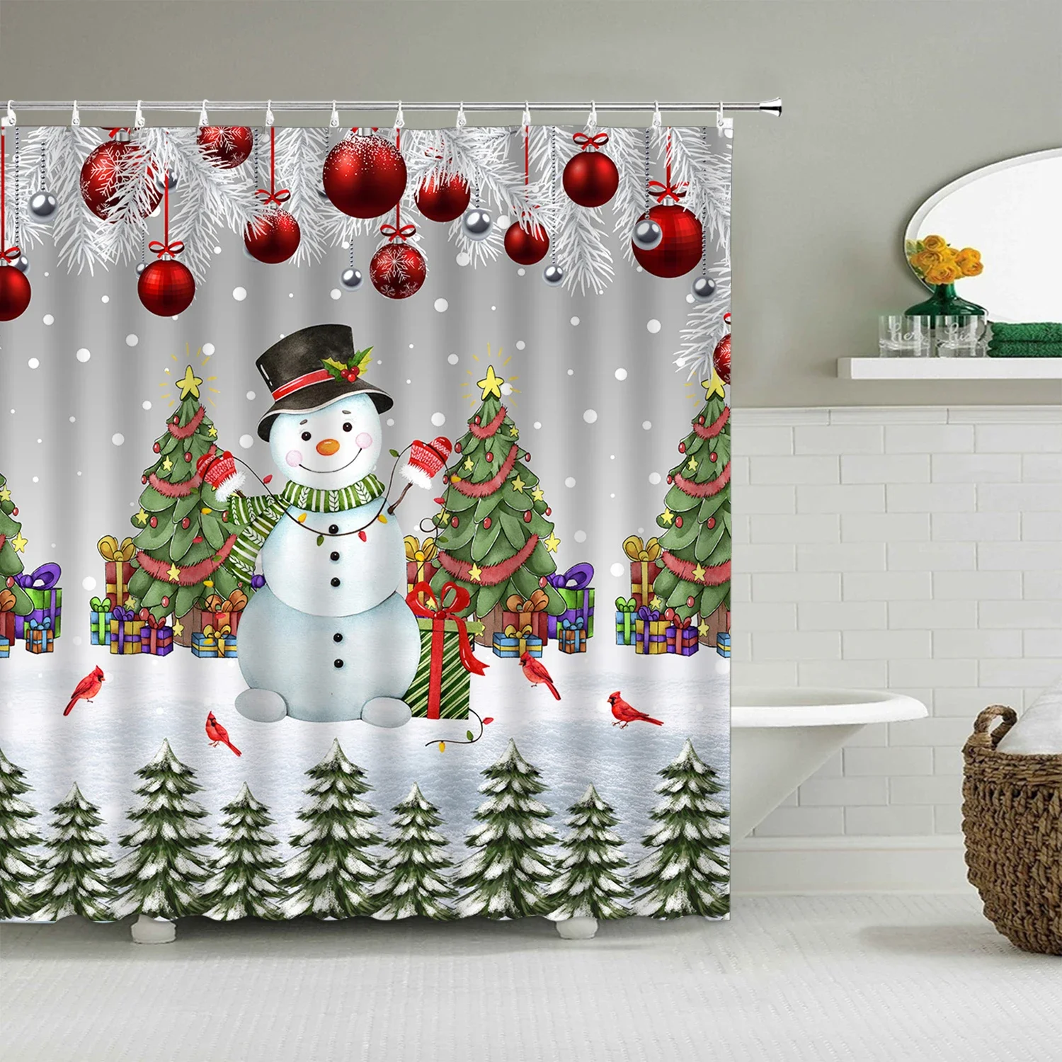 Christmas Shower Curtain Winter Snowman Snowflake Christmas Tree Red Truck Bell Red Bird Colorful Christmas Ball Bathroom Decor