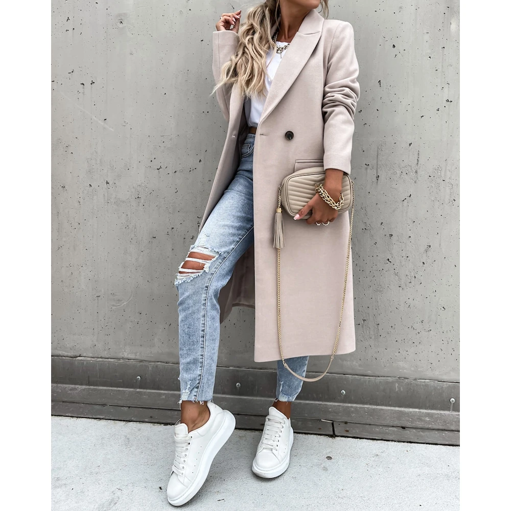 

Solid Color Nothched Collar Long Coat Lady Long Sleeve Trench Coat Winter Topcoat Outfits