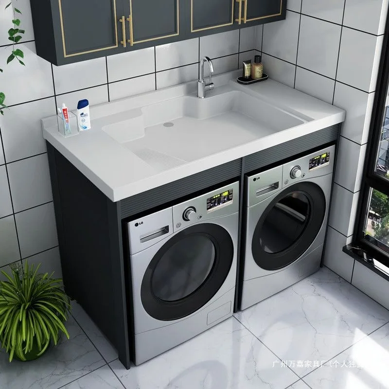 

Шкаф для белья на балкон с раковиной для стирки, алюминиевая двухпозиционная сушилка, комбинированный защитный чехол для барабана.