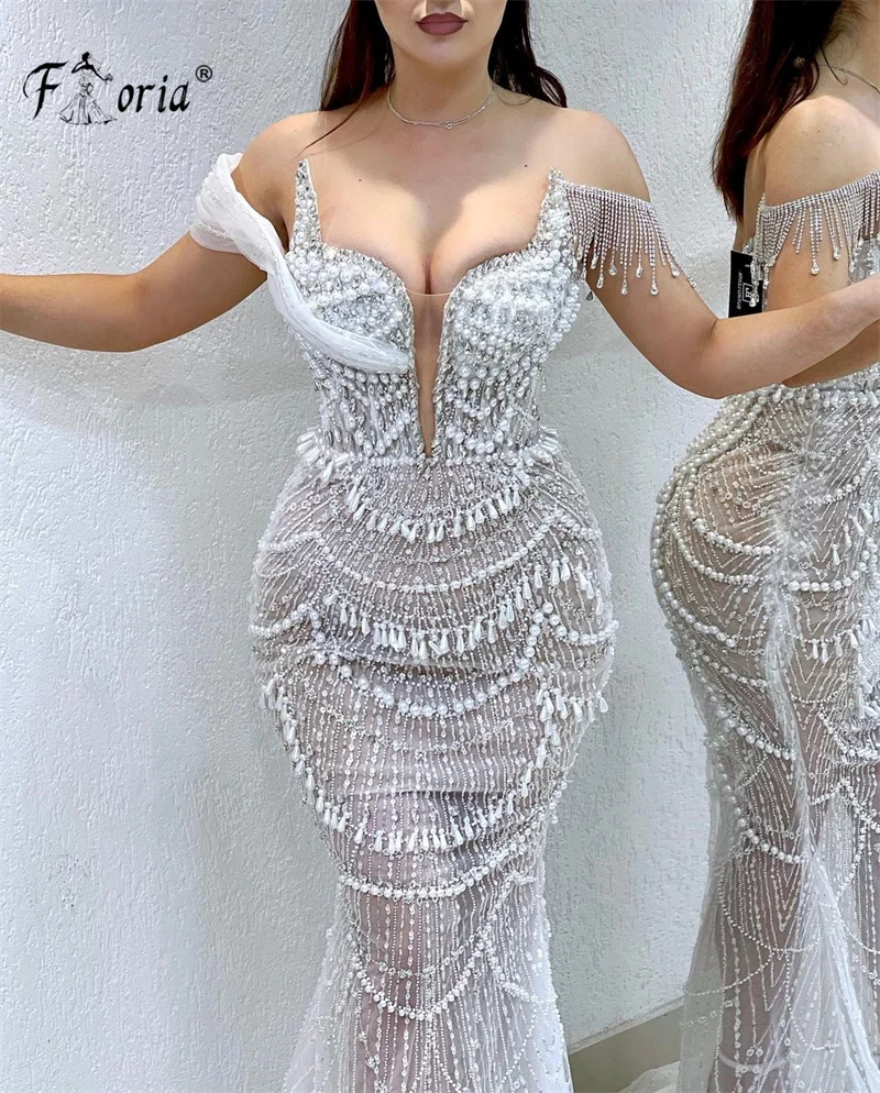 Luxurious Handmade Beadings Formal Occasion Dress Pearls Tassel Lace Mermaid Second Reception Dresses African Woman Evening Gown