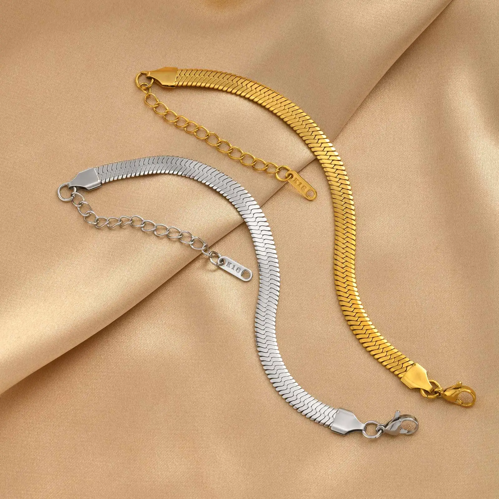 Minimalist Stainless Steel Snake Bone Chain Bracelet for Women Silver Color Flat Herringbone Link Bracelet Waterproof Jewelry