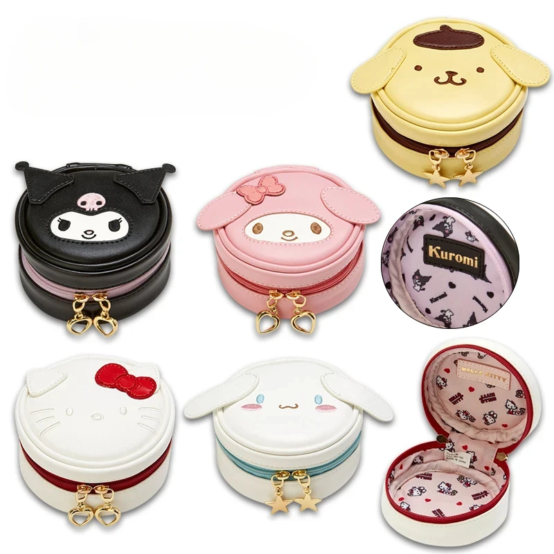 Sanrio Round Coin Wallet Kawaii Cartoon Hello Kitty Cinnamoroll Melody Kuromi Jewelry Storage Box Cute Anime Headphone Bag Gifts