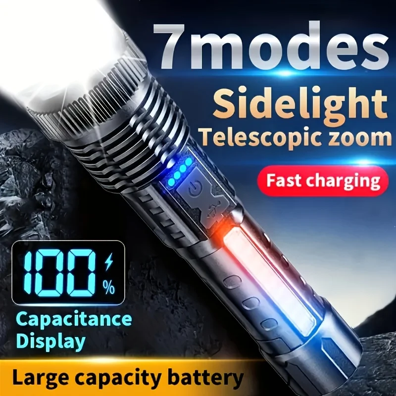 Powerful LED Flashlight Battery Display USB Rechargeable Light Telescopic Zoom Torch Lamp Outdoor Camping Fishing Lantern