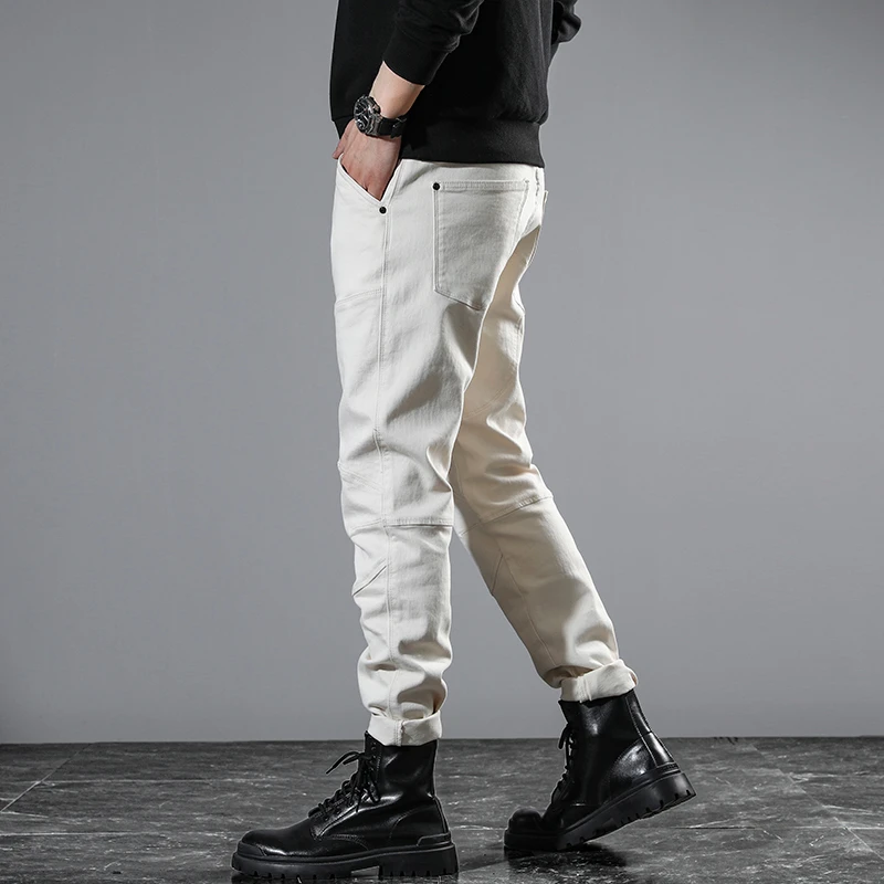 New American 98% cotton high-end personality splicing men's jeans white fashion leisure Slim small straight biker trousers