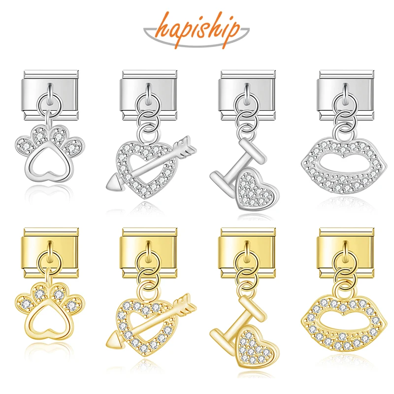 Hapiship New Wholesale Heart lip Shiny CZ Italian Charm Fit 9mm Bracelet Stainless Steel Drop Shipping Women Jewelry DJ1383