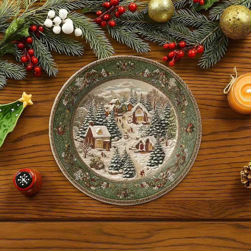 VIKAMA 4PC Winter Solstice Snow Scenery Meal Mat Pine Forest Snowman Dining Table Desktop Decoration and Accessories