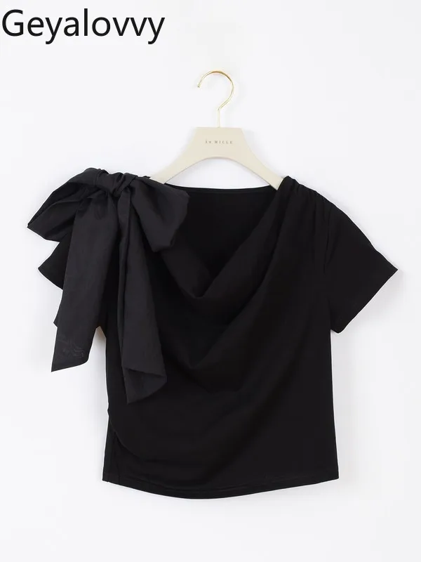 

Summer New Japanese Commuting Irregular Tie Bow Tops Simple Versatile Sweet Girls Tees Solid Color Short Sleeve T-Shirt