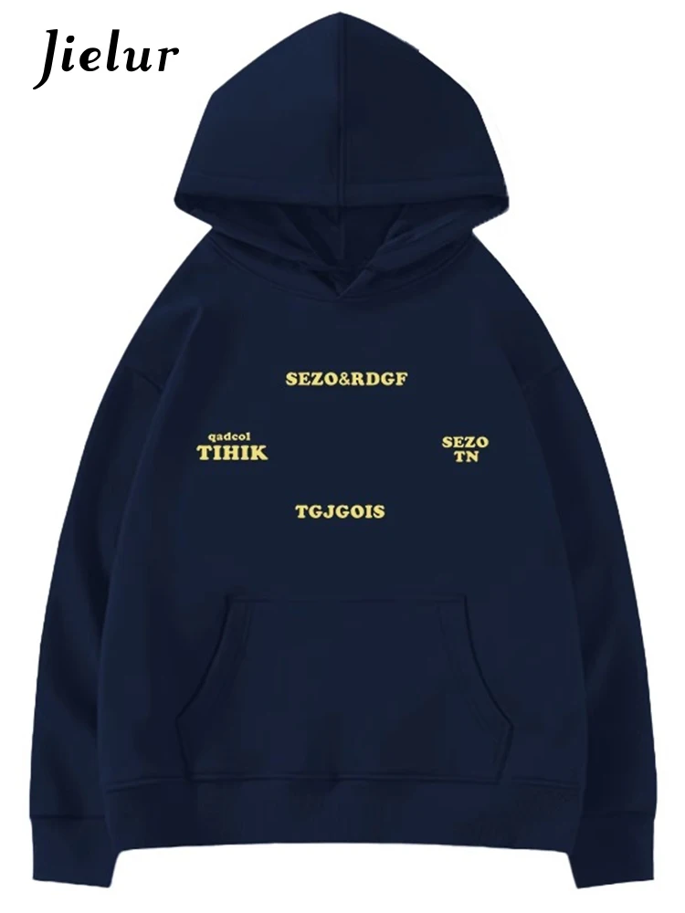 Jielur Navy Blue Hooded Chic Pocket Women Hoodies Classic Letter Print Fashion Basic Simple Loose Casual 3-colors Female Hoodies