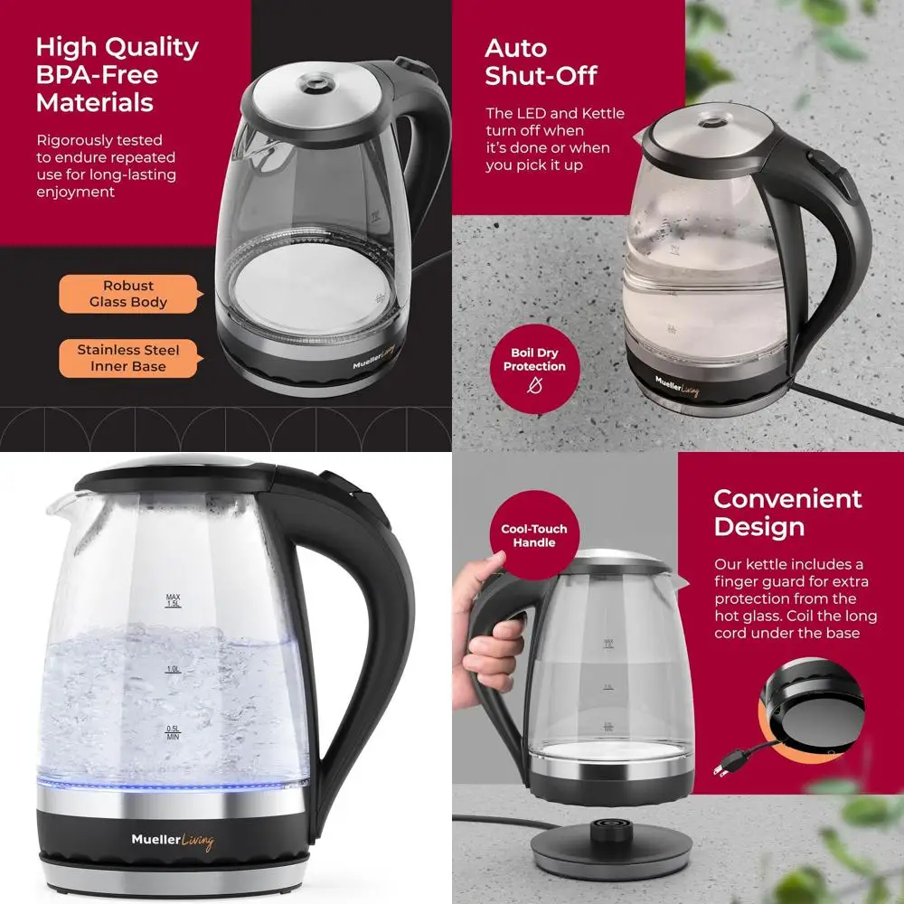 

Электрический чайник 1.5 л, 1500 Вт, со светодиодной подсветкой, автоматическим отключением, функцией быстрого кипячения и защитой от выкипания