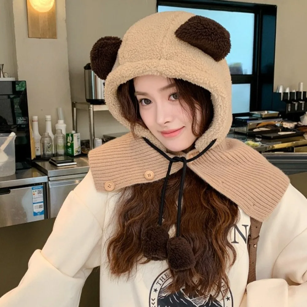 Fashion Korean Style Bear Ear Balaclava Hat Solid Color Windproof Knit Hooded Hat Scarf Keep Warm Ear Protection Hat Women