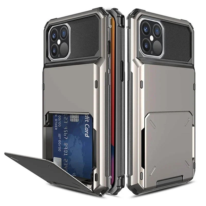 Capa Carteira para iPhone, Titular do Slot para Cartão de Armadura, Flip, Bolso Oculto, Tampa PC Rígida, iPhone 16, 15, 14, 13, 12, 11 Pro Max, XS, XR, X, 8, 7, 6, 6S Mais