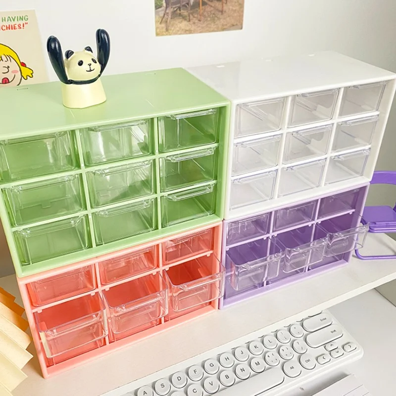 4pcs 9 Grid Storage Boxes Organizer Transparent Small Drawer Partitioned Student Desktop Wall-mounted Sundries Storage Box Cute