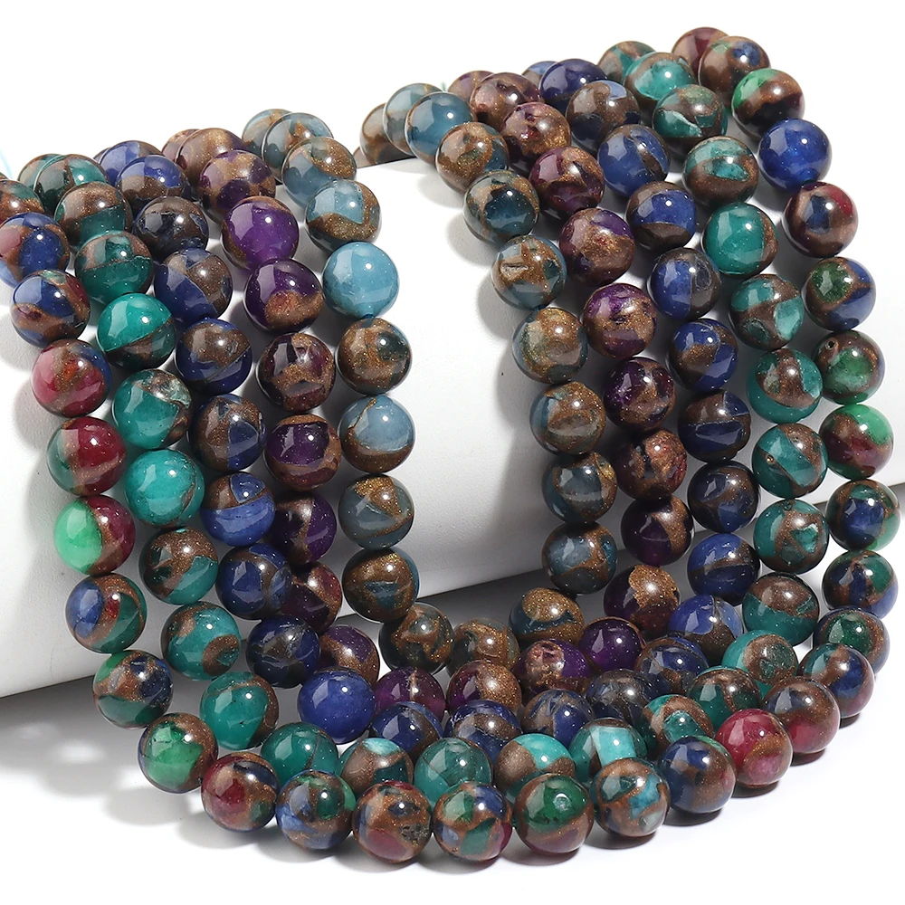 32–90 Stück bunte runde goldfarbene Steinperlen, Natursteinperlen, lose Perlen für die Schmuckherstellung, DIY-Armbänder, Zubehör – Detail 2