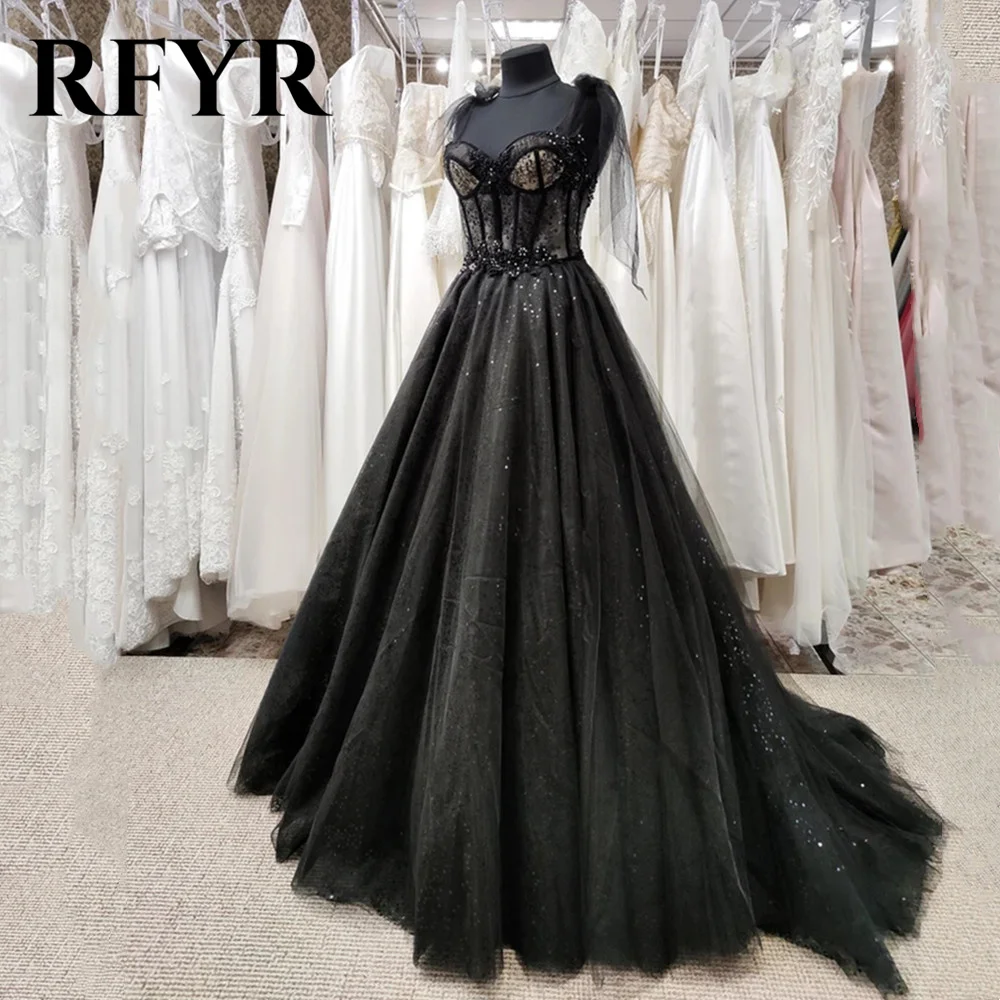 RFYR Spaghetti Strap Woman Black Evening Dress Gown A Line Ball Gown Sweetheart Sequin Lace Formal Night Dress Gown Customized