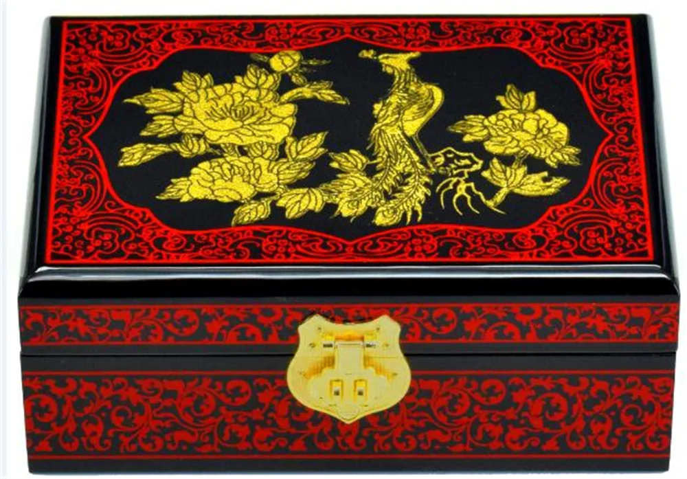 Vintage Wooden 2 Layer Lock Large Box Chinese Flower Bird Black Red Collection Box with Mirror Storage Boxes Wedding Case Gift