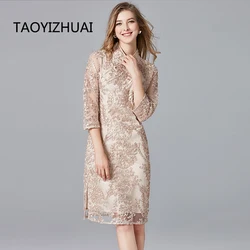New Autumn Vintage Lace Dresses Style Stand Plus Size Dress Glod Color Embroidery A-Line Knee Length Women Lace Dresses 14230