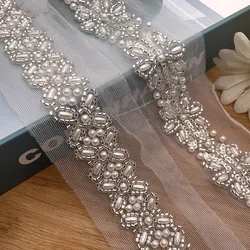 1Yard(90CM) White Pearl Ribbon Sewing Beaded Lace Embroidery Ruban Perle Lace Applique for Sash Wedding Dress