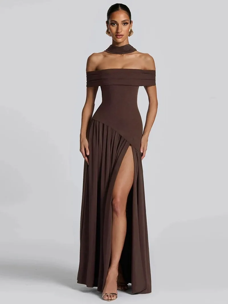 

European and American style autumn 2025 new Fashion women's sexy backless slim fit solid color scarf collar slit shoulder dress