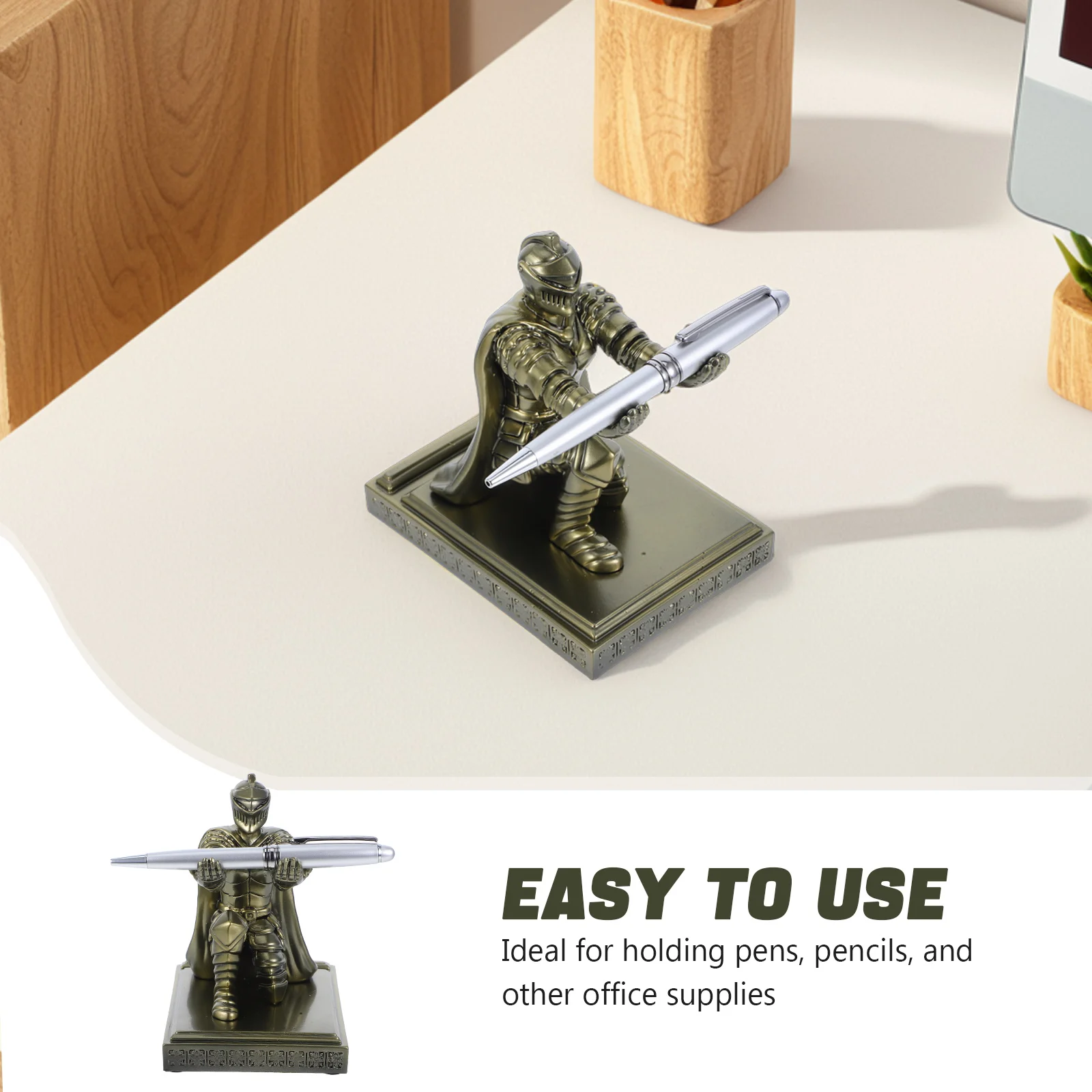 Armored Soldier Statue Pen Holder Office Accessories Unique Desk Golden Resin for