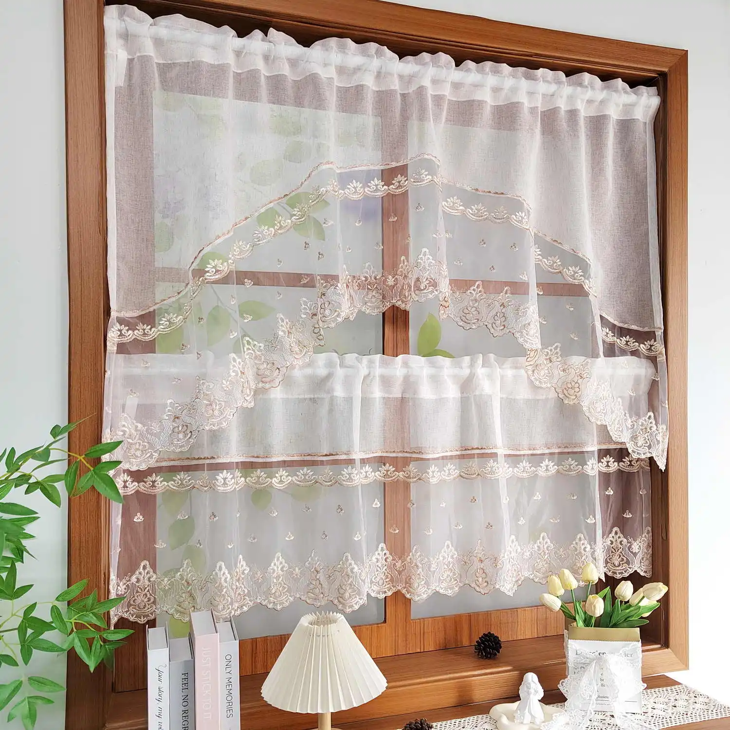 One Set Pastoral Lace Floral Transparent Sheer Curtain for Living Room Window Drape Study Cafe Home Decoration Blinds#E