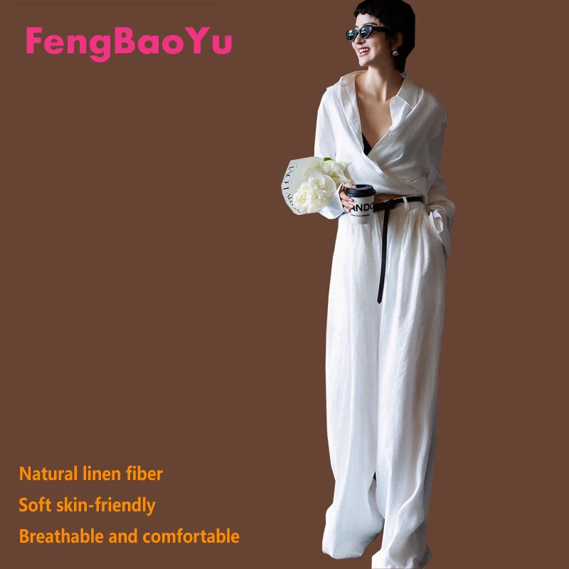 Fengbaoyu-Blusa de lino 100% Natural para mujer, conjunto de pantalones de pierna ancha, ropa cómoda holgada y elegante para mujer