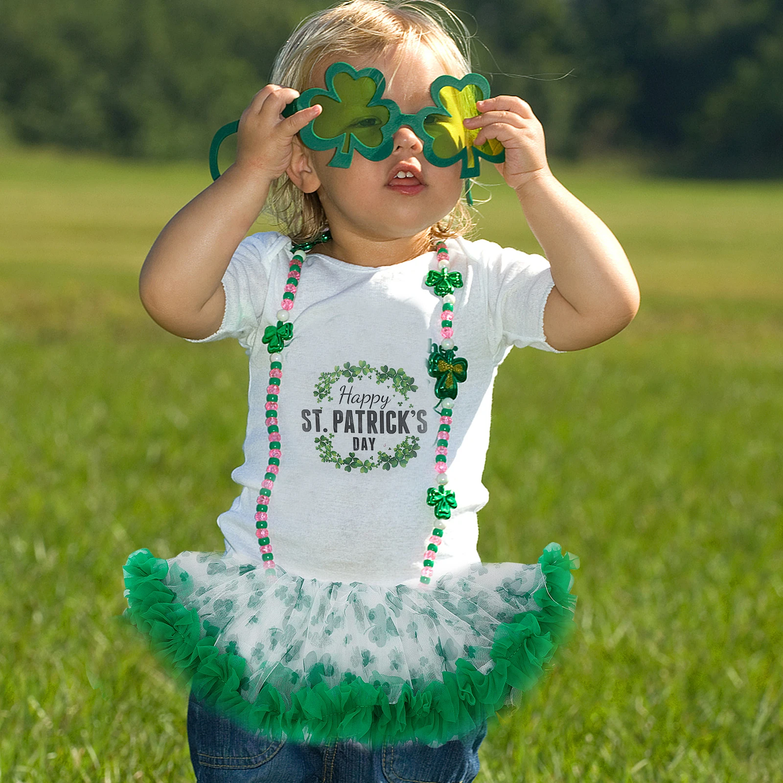 

1 комплект, зеленый марлевый костюм-пачка на день Святого Патрика для детей, приятный для кожи дышащий праздничный костюм для девочек, комбинезон с мультяшным письмом