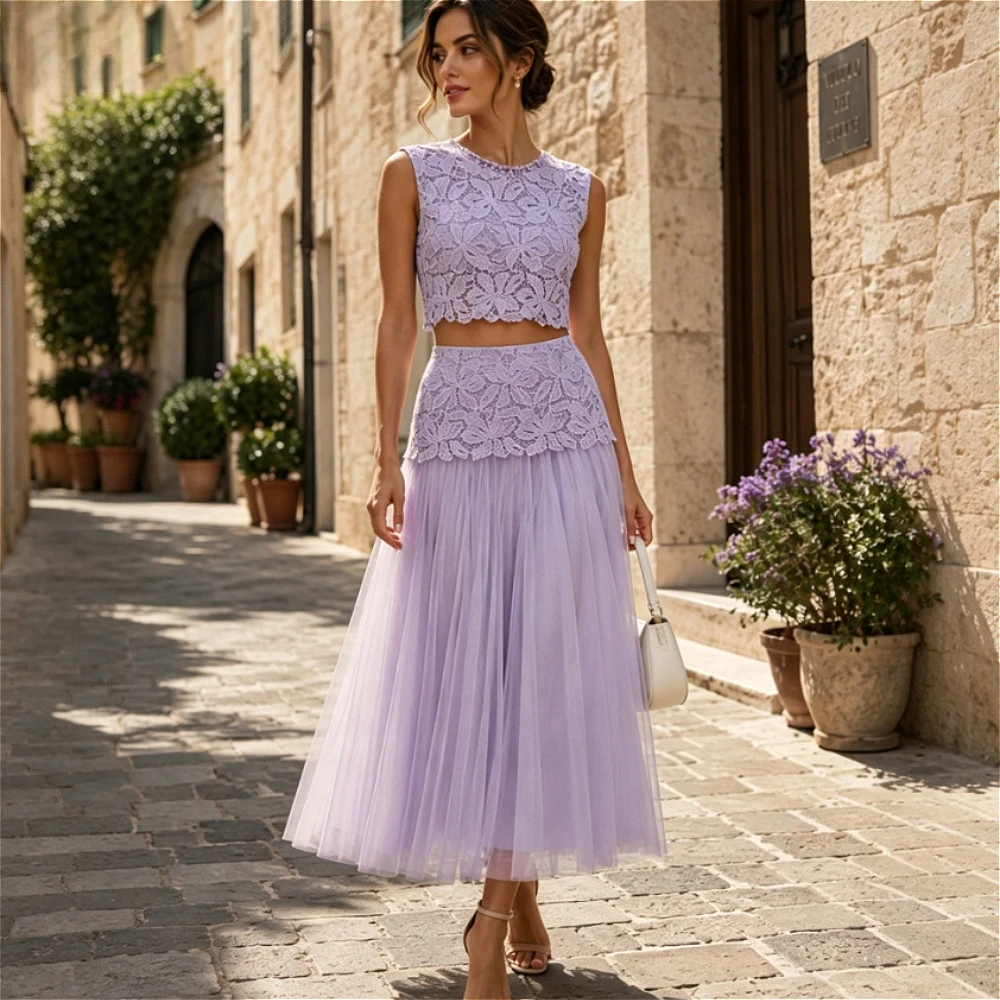 Customized Lilac Tulle Mother of Bride Dress Sleeveless Floral Lace Flowy Elegant Wedding Guest Cocktail Bridal Gown