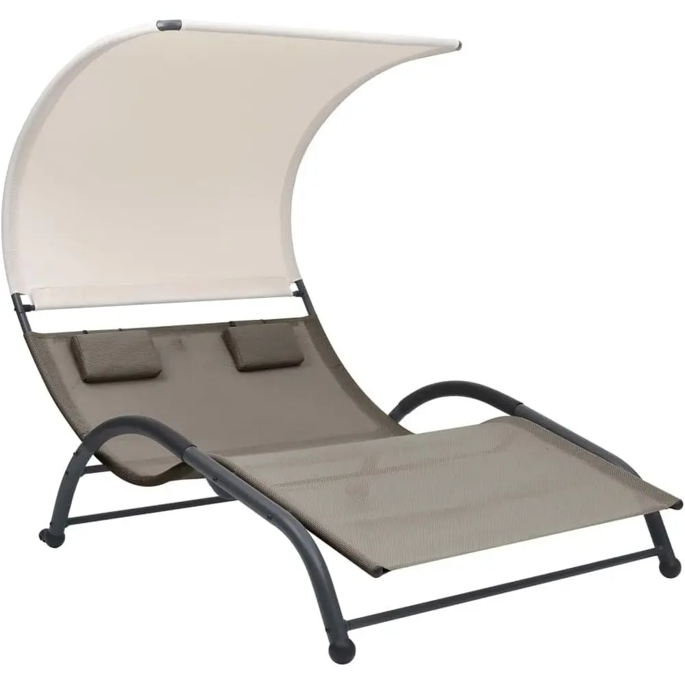 Tumbona para dos personas con sombra, sillas de playa y piscina, cojines de textileno color topo