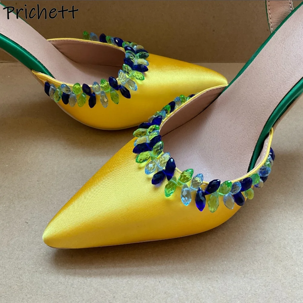 Blue Rhinestone Stain Sandals Luxury Back Strap Solid Pointy Toe Thin Heels Slingback Shoes Women's Yellow Sexy Dress Shoes 2025