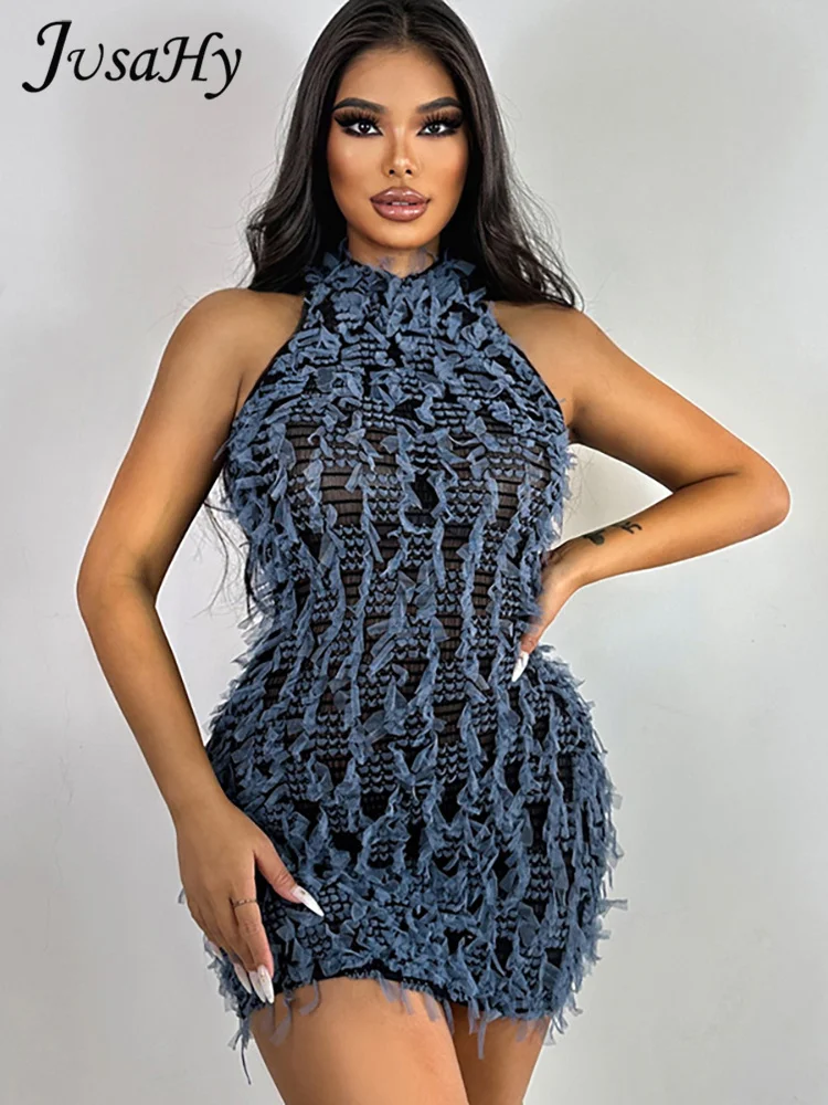 JusaHy Patchwork Stacked Ruched Mini Dress Women Chic Tank Style O-neck Body-shaping Vestidos Female Crochet Hole Party Clubwear