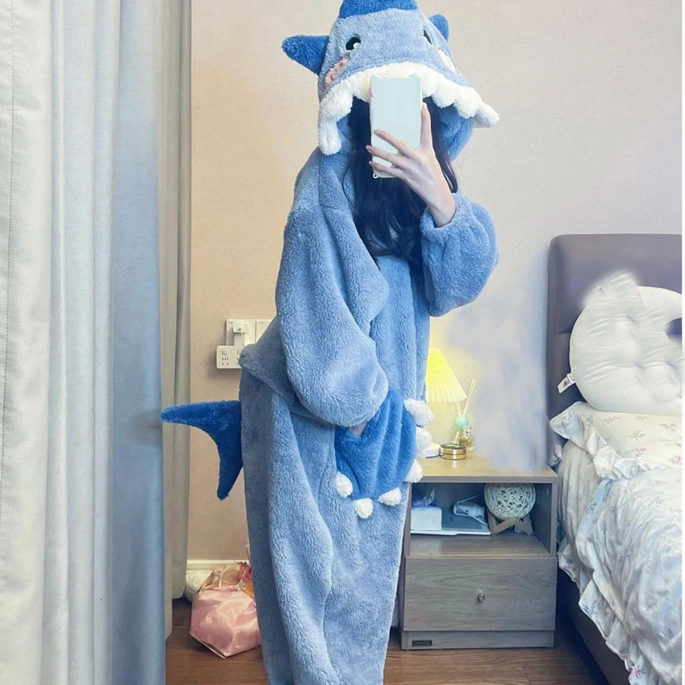 Winter Animal Onesie Blue Shark One-piece Costume Pajamas Halloween Cosplay Sleepwear for Women Cozy Cartoon Outfit  Jumpsuit