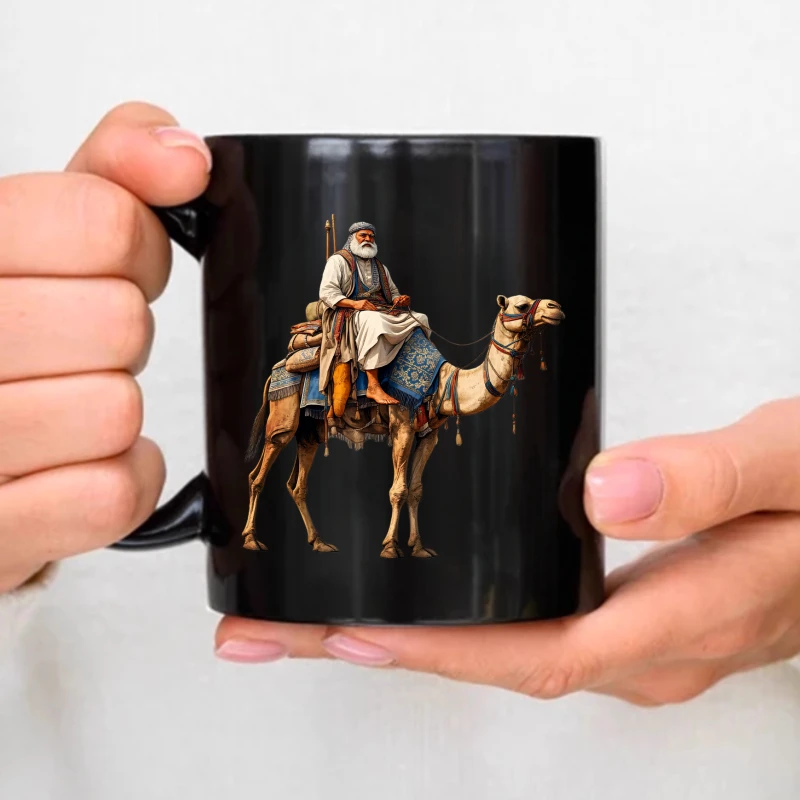 

Ceramic mug, black camel rider with desert traveler design, perfect for coffee breaks and gift options