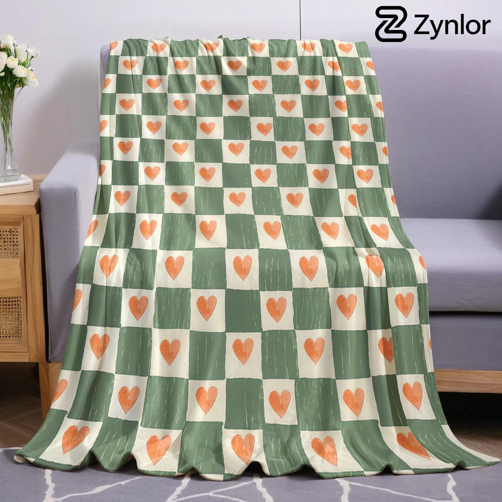 Green Gingham Red Heart Lightweight Microfiber Soft Christmas Fleece Blanket Warm Cozy Throw for Sofa Office Travel All Season