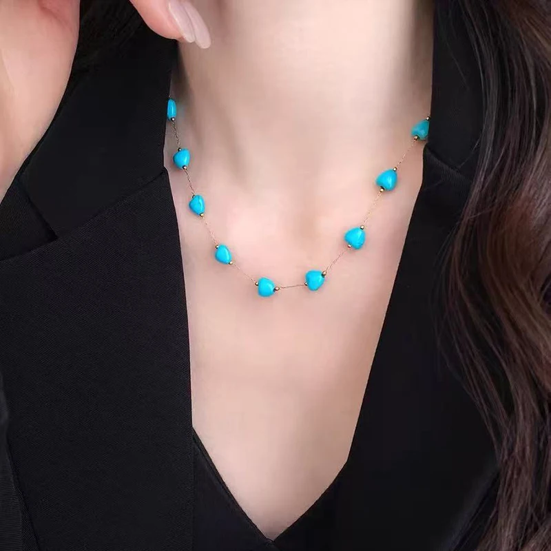 Retro Türkis Herzförmige Edelstahl-Halskette in Goldfarbe für Damen, Sexy Choker Schlüsselbein-Kette Schmuck-Accessoire – Detail 5