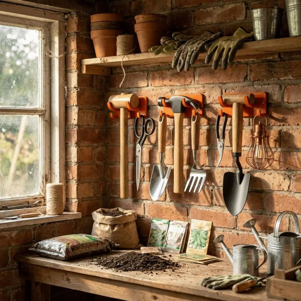 Wall Mounted Garden Tool Holder Multifunctional Space Saving Utility Wall Hook Integrated Hooks No Drill Wall Tool Rack